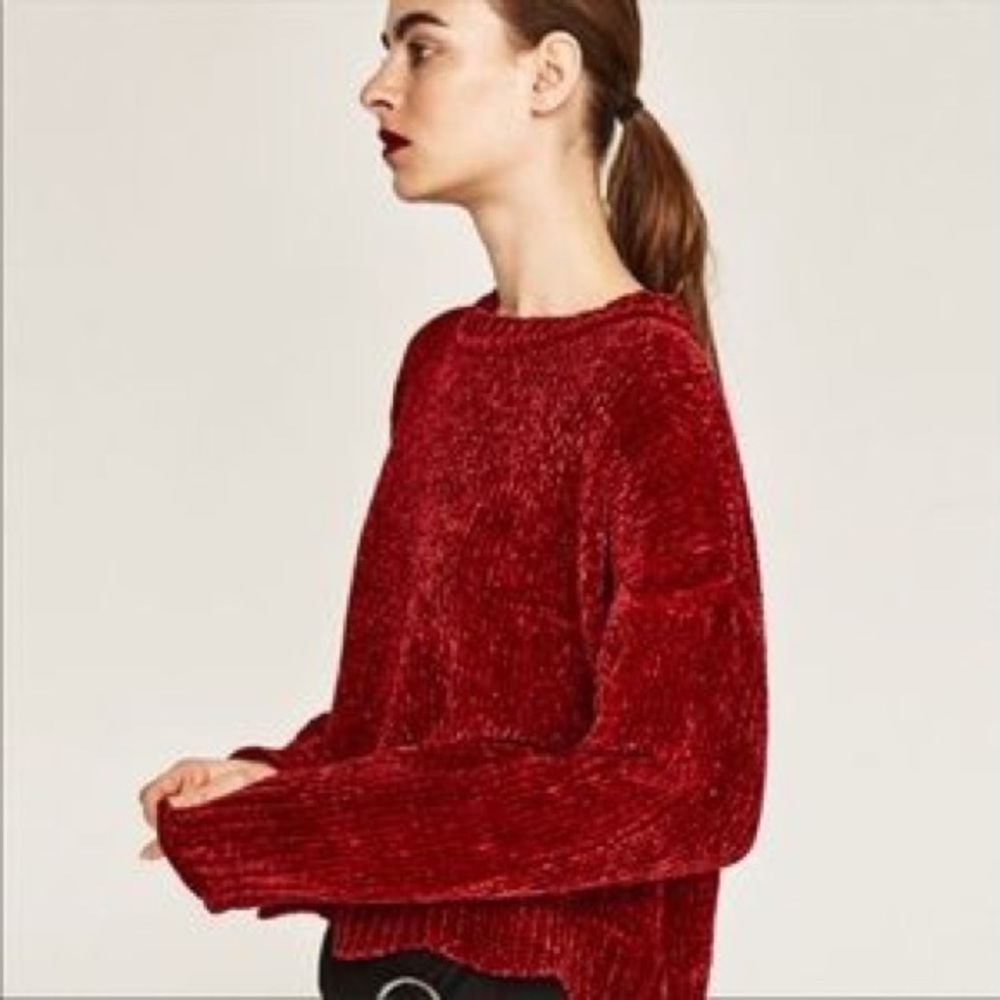 Zara Knit Red Scallop Chenille Sweater